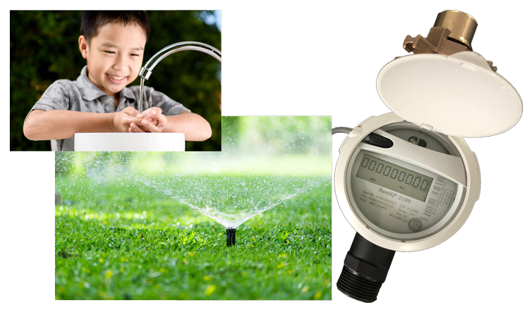 Child washing hands, yard sprinker, new water meter
